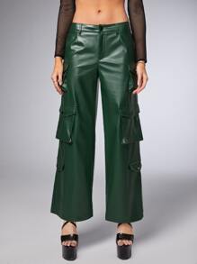 SHEIN ICON Quần Cargo Gorpcore Tăng thấp Túi có nắp Da giả - Màu xanh lá cây đậm - Xem 4