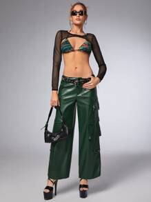 SHEIN ICON Quần Cargo Gorpcore Tăng thấp Túi có nắp Da giả - Màu xanh lá cây đậm - Xem 5