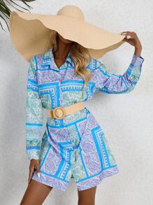 SHEIN VCAY 圍巾圖案落肩袖襯衫連衣裙不附腰帶 - 彩色 - 查看 4