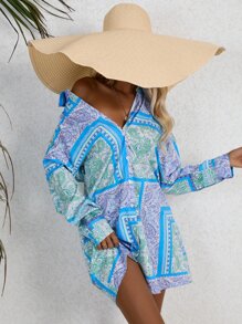 SHEIN VCAY 圍巾圖案落肩袖襯衫連衣裙不附腰帶 - 彩色 - 查看 6