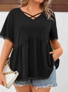 SHEIN LUNE 大碼蕾絲邊前交叉荷葉邊下擺T恤 - 黑色 - 查看 6