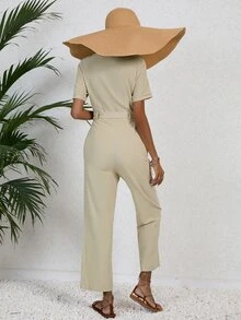 SHEIN VCAY Button Front Belted Shirt Jumpsuit - Khaki - View 2