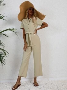 SHEIN VCAY Button Front Belted Shirt Jumpsuit - Khaki - View 3