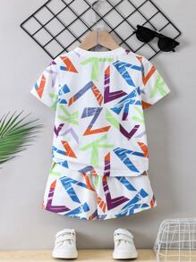 小男童字母圖案T恤和短褲 - 白色 - 查看 2