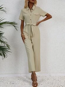 SHEIN VCAY Button Front Belted Shirt Jumpsuit - Khaki - View 4