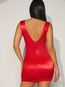 Hauture Vestido elegante sin mangas de satén con aplicaciones de pedrería en los hombros - Rojo - Ver 2