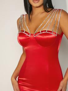 Hauture Vestido elegante sin mangas de satén con aplicaciones de pedrería en los hombros - Rojo - Ver 4