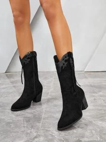 SheIn VCAY 蛇皮壓花側拉鏈粗跟仿麂皮西部牛仔靴 - 黑色 - 查看 2