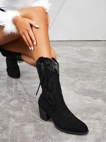 SheIn VCAY 蛇皮壓花側拉鏈粗跟仿麂皮西部牛仔靴 - 黑色 - 查看 4