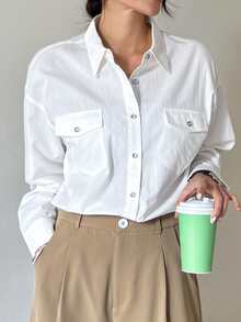 DAZY Flap Pocket Drop Shoulder Shirt - White - View 7