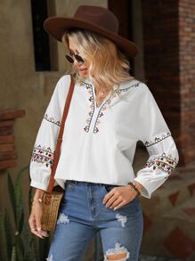 SHEIN VCAY Blusa con bordado floral de cuello de muesca - Blanco - Ver 3