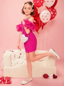 SHEIN 女孩挖肩荷葉袖褶邊網紗洋裝 - 玫紅色 - 查看 5