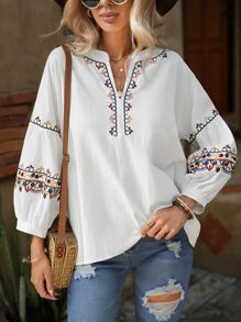 SHEIN VCAY Blusa con bordado floral de cuello de muesca - Blanco - Ver 4