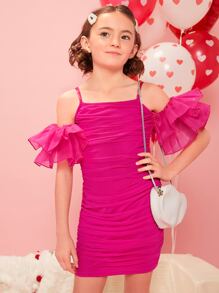 SHEIN 女孩挖肩荷葉袖褶邊網紗洋裝 - 玫紅色 - 查看 6