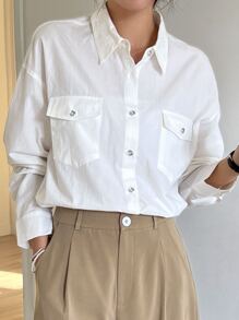 DAZY Flap Pocket Drop Shoulder Shirt - White - View 3