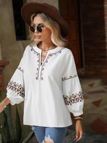 SHEIN VCAY Blusa con bordado floral de cuello de muesca - Blanco - Ver 5
