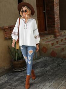 SHEIN VCAY Blusa con bordado floral de cuello de muesca - Blanco - Ver 6