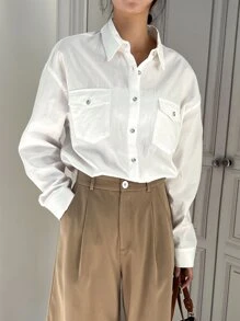 DAZY Flap Pocket Drop Shoulder Shirt - White - View 5