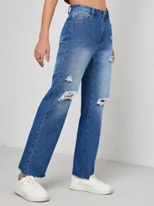 Ripped Raw Hem Jeans - Medium Wash - View 1