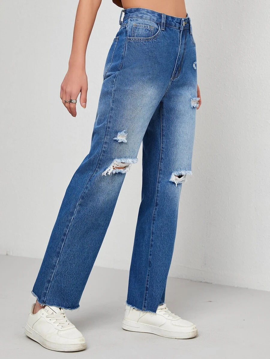 Ripped Raw Hem Jeans - Medium Wash - View 1