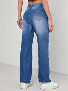 Ripped Raw Hem Jeans - Medium Wash - View 2