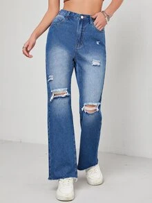 Ripped Raw Hem Jeans - Medium Wash - View 3