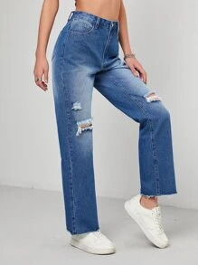 Ripped Raw Hem Jeans - Medium Wash - View 4
