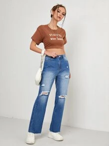 Ripped Raw Hem Jeans - Medium Wash - View 6