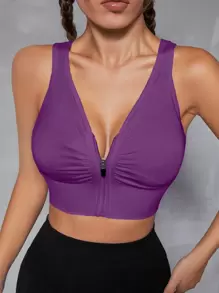 Easithlete Cut Out Back Ruched Zip Up Sports Bra - Purple - View 4