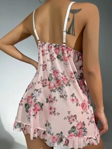 Váy ngủ ren nơ tương phản in hoa phía trước Cami Pyjama - Hồng - Xem 2