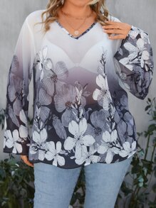 SHEIN LUNE Plus Floral Print Contrast Trim Blouse - Multicolor - View 3