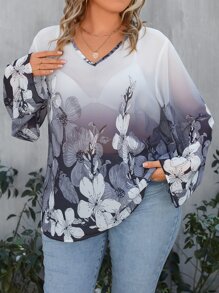 SHEIN LUNE Plus Floral Print Contrast Trim Blouse - Multicolor - View 4