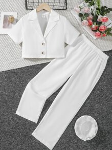 Girls Solid Lapel Neck Shirt & Trousers - White - View 1