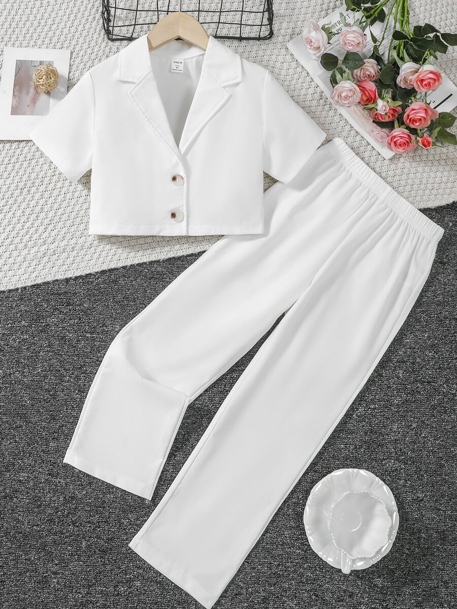 Girls Solid Lapel Neck Shirt & Trousers - White - View 1