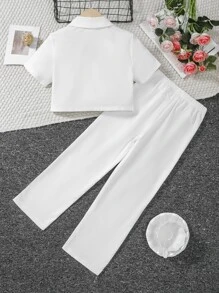 Girls Solid Lapel Neck Shirt & Trousers - White - View 2