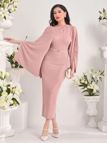 Modelyn Asymmetrical Neck Solid Bodycon Dress Without Belt - Dusty Pink - View 1