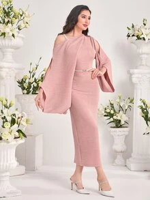 Modelyn Asymmetrical Neck Solid Bodycon Dress Without Belt - Dusty Pink - View 3