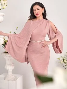 Modelyn Asymmetrical Neck Solid Bodycon Dress Without Belt - Dusty Pink - View 5