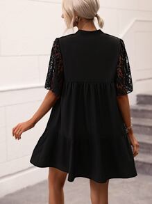 SHEIN Clasi Đầm Tương phản ren Viên lá sen màu trơn Thanh lịch - màu đen - Xem 2