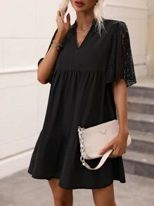 SHEIN Clasi Đầm Tương phản ren Viên lá sen màu trơn Thanh lịch - màu đen - Xem 4