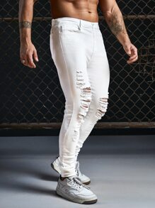Manfinity Hombres Jeans ajustados desgarro crudo - Blanco - Ver 4