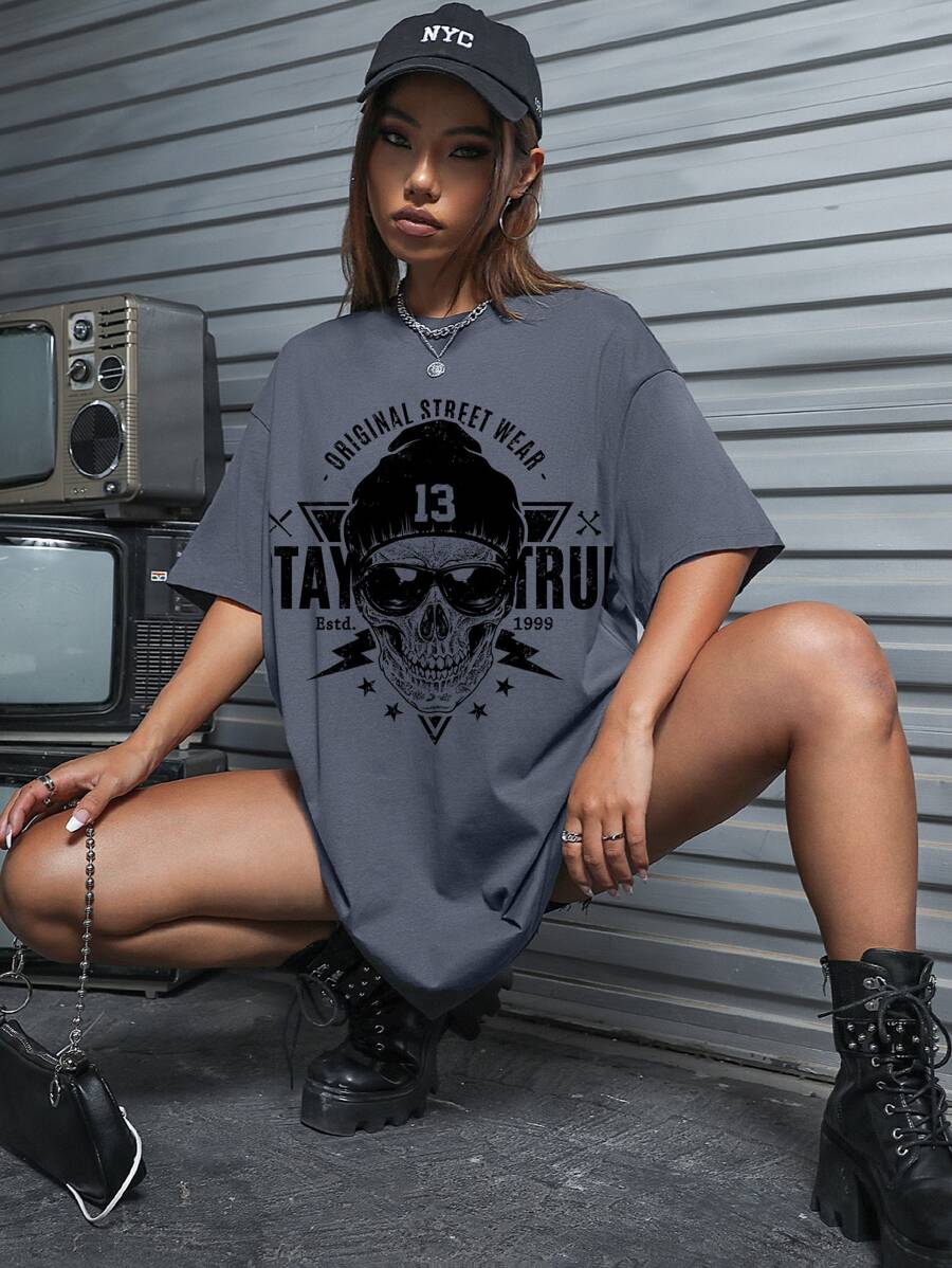 Vecster Áo thun nữ Lễ Các Thánh Lá thư Giải trí - Màu xanh bụi bặm - Xem 1