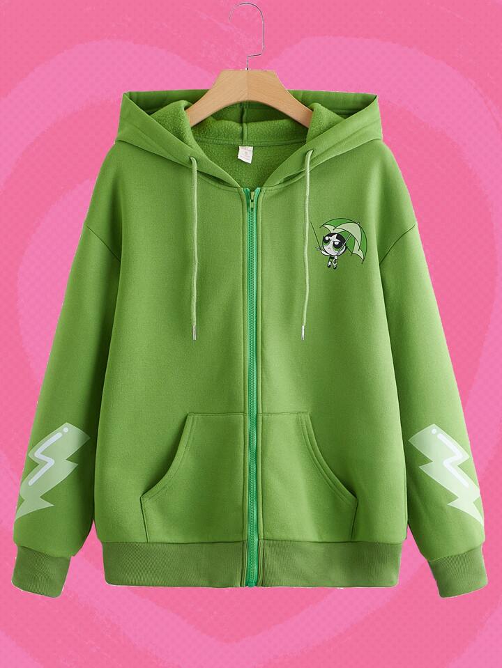 The Powerpuff Girls ROMWE Cartoon Graphic Zip Up Drawstring Hoodie