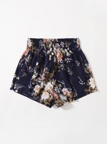 SHEIN VCAY Plus Floral Print Shirred Waist Shorts - Navy Blue - View 3