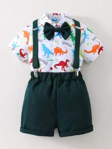Souflis Souflis 2pcs/Set Young Boy Cartoon Dinosaur Letter Print Short Sleeve Shirt And Bib Shorts Casual Outfit - Multicolor - View 1