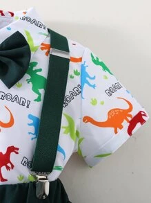 Souflis Souflis 2pcs/Set Young Boy Cartoon Dinosaur Letter Print Short Sleeve Shirt And Bib Shorts Casual Outfit - Multicolor - View 3