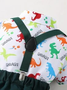 Souflis Souflis 2pcs/Set Young Boy Cartoon Dinosaur Letter Print Short Sleeve Shirt And Bib Shorts Casual Outfit - Multicolor - View 6