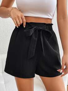 SHEIN Essnce Paperbag Waist Knot Front Shorts - Black - View 1