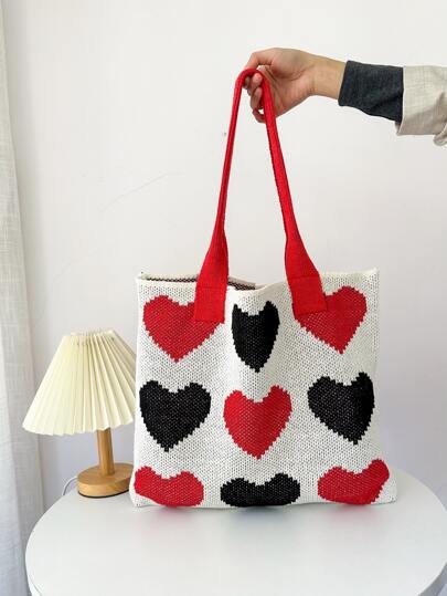 Heart Pattern Crochet Bag School Bag For Graduate, Teen Girls, Freshman, Sophomore, Junior & Senior In College, University & High School, Perfect For Outdoors ,Travel & Back To School