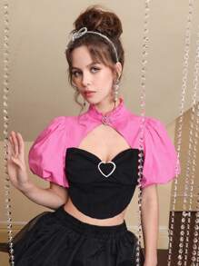 SHEIN MOD Blusa de color combinado con abertura delantera de manga farol - Multicolor - Ver 1